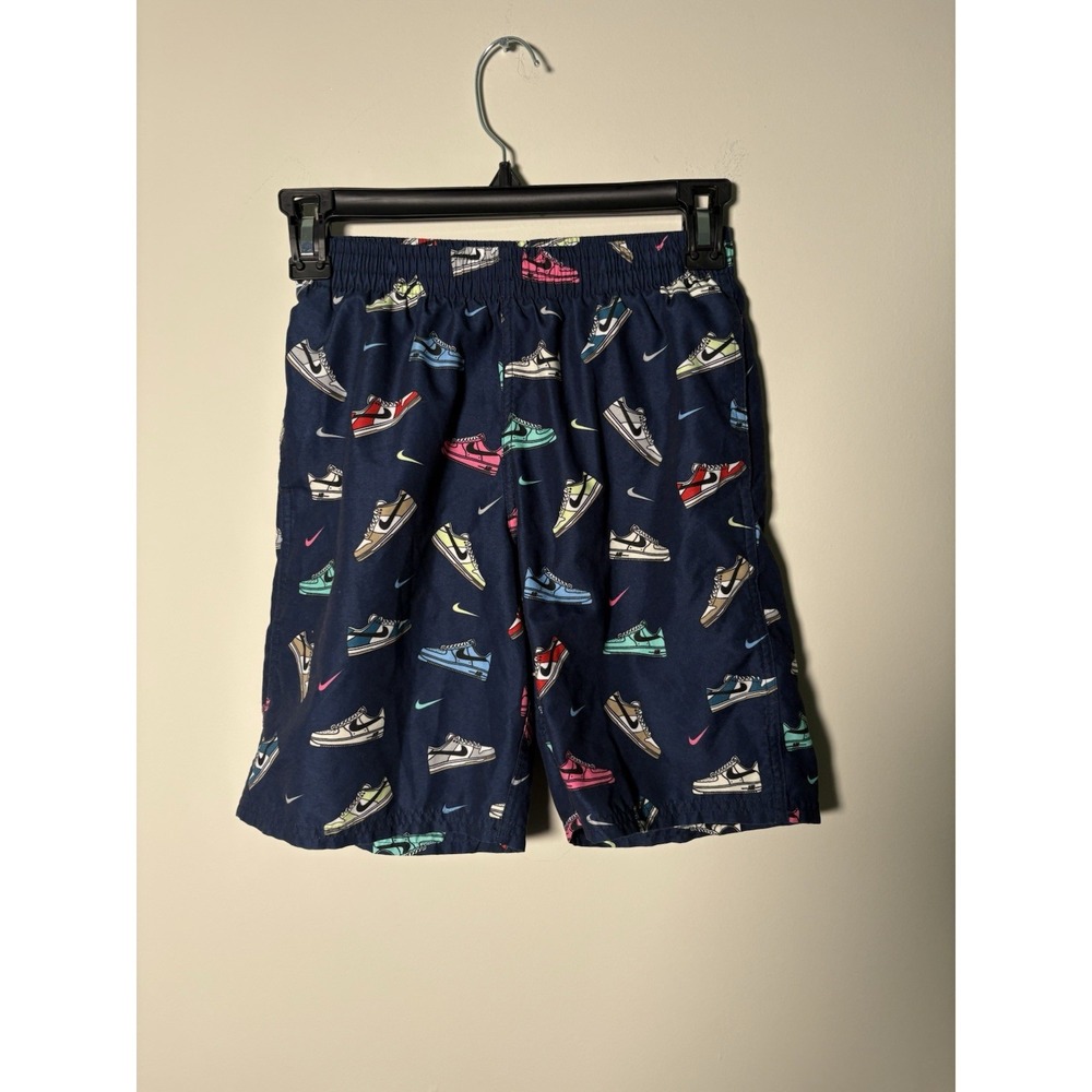 Nike Boys Multi Sneaker Volley Swim Shorts Trunks Navy Blue Shoe Print Youth M